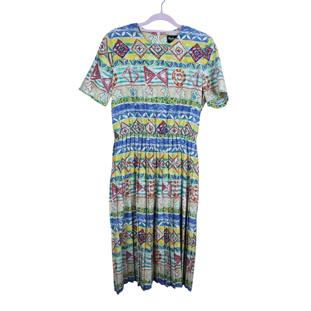 Vtg Chelsea Jones Collection Colorful Short Sleeve Fit & Flare Midi Dress Size 8